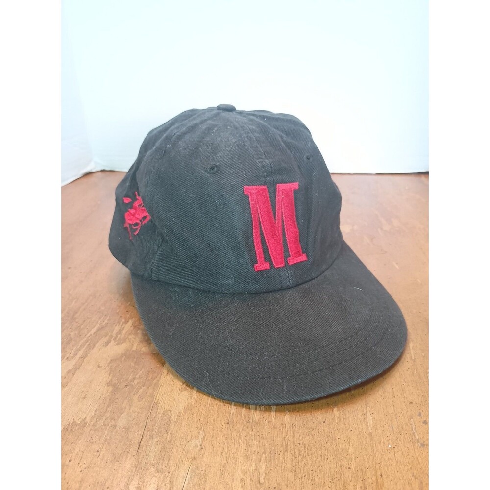 Vintage Marlboro M Black Strapback Hat Embroidered Cowboy & Horse Clasp Back